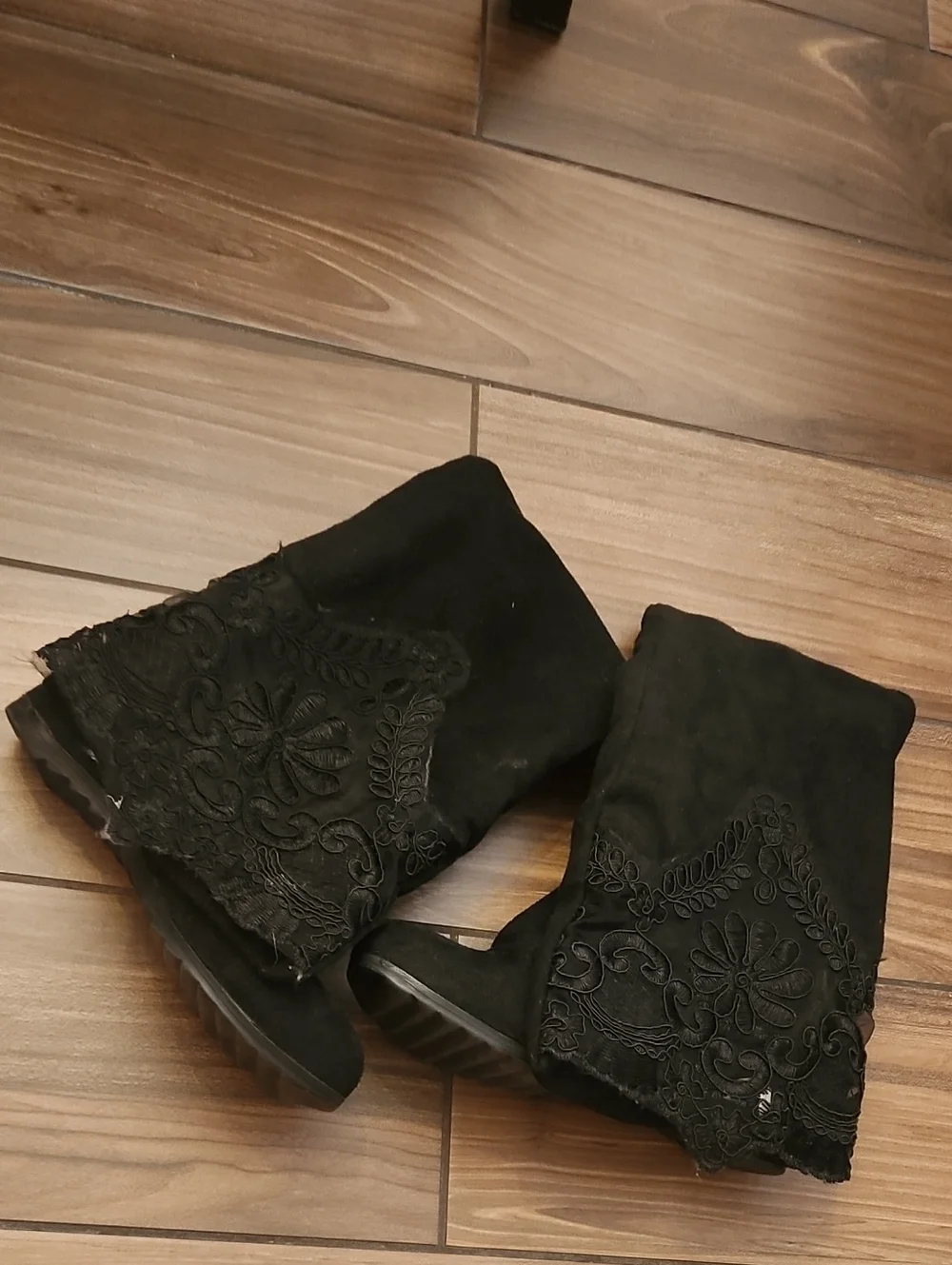 Black Lace-Trim Over-the-Knee Wedge Boots - Women